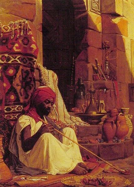Uma pintura que retrata um homem fumando ópio em um cenário orientalizado. O homem tem barba e pele negra, veste turbante vermelho e manto branco. O homem está posicionado à esquerda da tela, voltado à direita. Senta-se do lado de fora de um prédio. Segura um longo cachimbo de ópio. Encosta-se em uma parede coberta de um tapete, ao seu lado há jarros e vazos, um narguilé. O título da tela pode ser traduzido como o fumante de ópio.